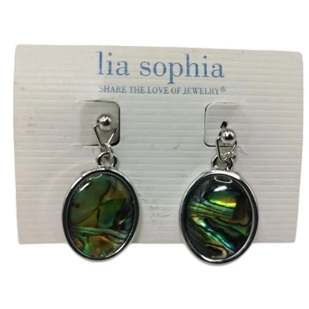 New Lia Sophia Turnover Silver Tone Genuine Abalone Earrings Reversible One Inch